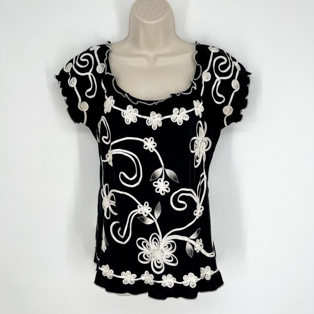 Lauren Michelle Women's Short Sleeve Floral Textured Top Size S Black White